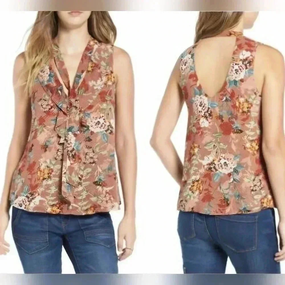 Sun and Shadow Floral Sleeveless Ruffle V-neck with Tie, Size medium